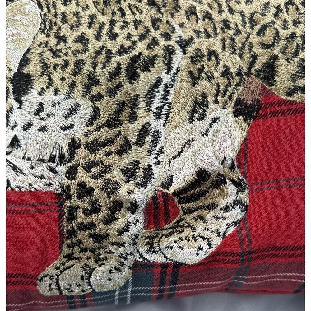 William Sonoma EMBROIDERED Leopard TARTAN Pillow W/ Down Insert Plaid Red Lumbar